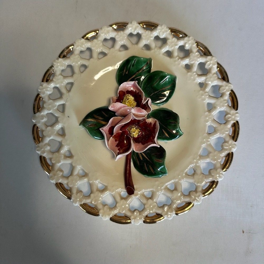 Vintage Hand Painted Porcelain Decorative Magnolia Blossom Plate with Gold Trim